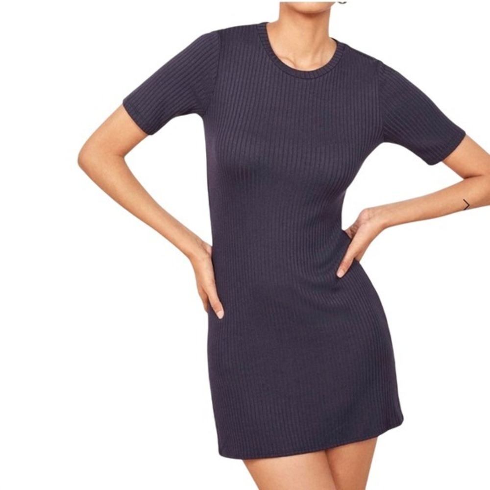 Reformation Gigi Short‎ Sleeve Mini Dress Navy Blue Ribbed Minimalist Size L